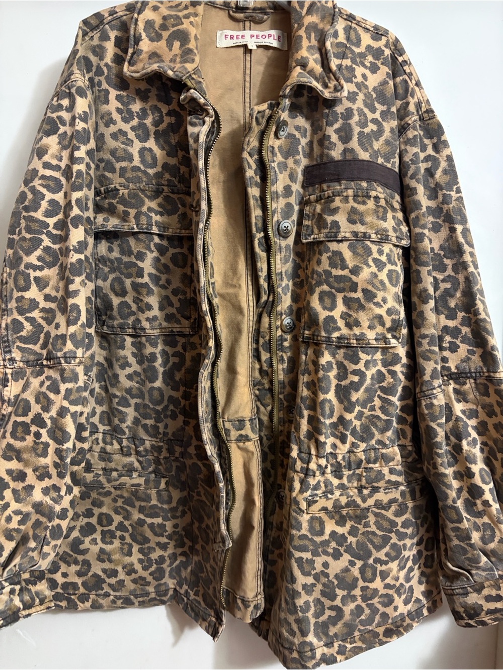 Free People Leopard Print Button-Up Jacket - Brown/Beige Sz S Drawstring Boho - Picture 8 of 12